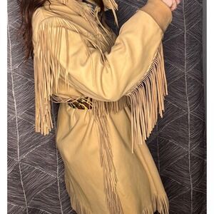 Vintage Deerskin Leather Fringe Unisex Tan Buckskin Bone Button Jacket- Sz L/XL